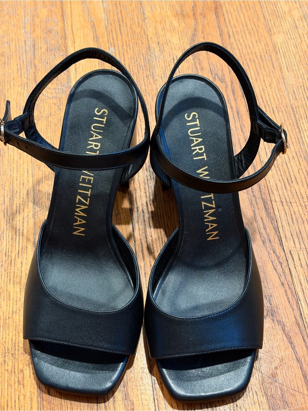 Stuart Weitzman Black Leather Square-Toe Block Heel Sandals 75mm Size 6B
